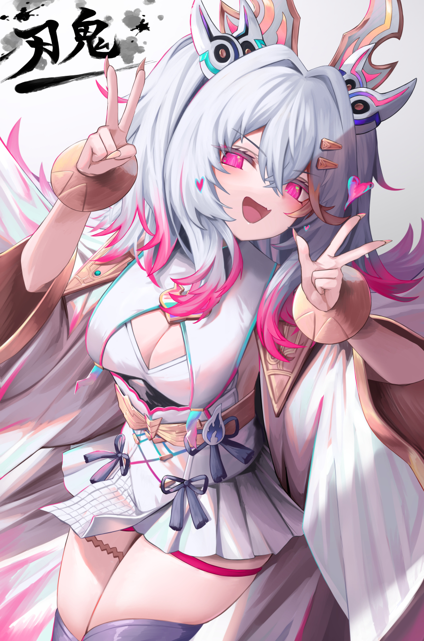 1girl, absurdres, baki_(duel_masters), breasts, cleavage, double_v, duel_masters, fang, grey_hair, hair_between_eyes, hair_ornament, highres, kogane_mokon, long_hair, looking_at_viewer, multicolored_hair, nail_polish, open_mouth, pink_hair, purple_eyes, v, very_long_hair, wide_sleeves