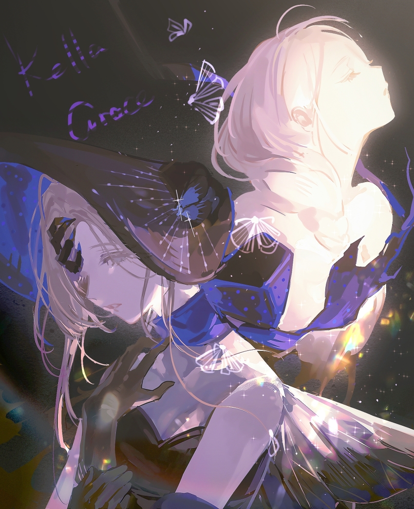 black_background, black_dress, black_gloves, black_hat, blue_bow, blue_bowtie, bonnet, bow