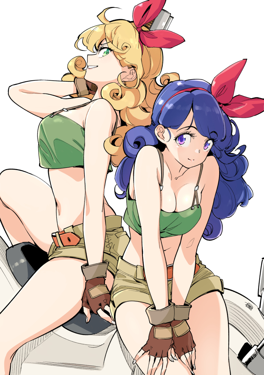 2girls, arm_up, belt, blonde_hair, blue_hair, bow, bow_hairband, breasts