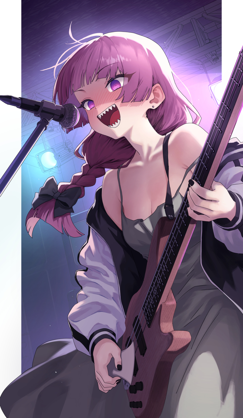 1girl, absurdres, arikacoco, bachi, bass_guitar, black_bow, black_jacket, black_nails, blunt_bangs, blunt_ends, blush, bocchi_the_rock!, bow, braid, breasts, cleavage, commentary, dress, earrings, fingernails, floating_hair, green_dress, hair_bow, highres, hiroi_kikuri, holding, holding_instrument, instrument, jacket, jewelry, long_fingernails, long_hair, long_sleeves, medium_breasts, microphone, multicolored_jacket, music, nail_polish, off_shoulder, open_clothes, open_jacket, open_mouth, outside_border, pillarboxed, playing_instrument, plectrum, puffy_long_sleeves, puffy_sleeves, purple_eyes, purple_hair, ringed_eyes, sharp_teeth, singing, single_braid, sleeveless, sleeveless_dress, solo, stage_lights, strap_slip, stud_earrings, untranslatable_commentary, teeth, two-tone_jacket, white_jacket