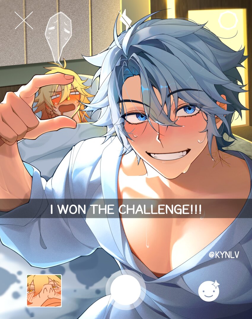 2boys, absurdres, aftersex, bathrobe, bed, bed_sheet, blank_eyes, blonde_hair