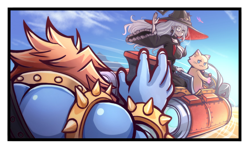 1boy, 1girl, akisame_rizu, black_dress, black_hat, body_fur, breasts, cat