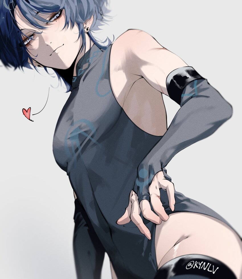 1boy, absurdres, adjusting_clothes, adjusting_leotard, bare_shoulders, blue_hair, detached_sleeves, earrings, eyeliner, eyeshadow, from_below, genshin_impact, grey_background, heart, highres, jewelry, kynlv, leotard, makeup, male_focus, mole, mole_under_eye, red_eyeliner, red_eyeshadow, scaramouche_(genshin_impact), short_hair, simple_background, solo, thighhighs, toned, toned_male, upper_body