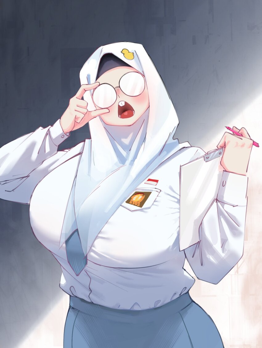 1girl, adjusting_eyewear, alv4febrian, ayuu_(alv4febrian), bag, blue_necktie, blue_skirt, breasts