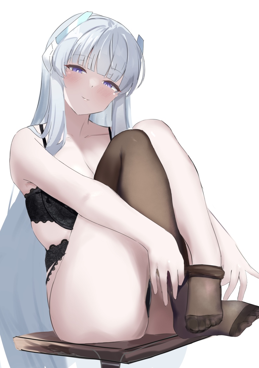1girl, absurdres, aramocyaillust, black_bra, black_panties, blue_archive, bra, bright_pupils