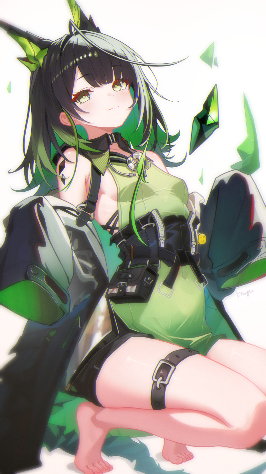 1girl, :3, absurdres, ahoge, bare_legs, bare_shoulders, barefoot, belt