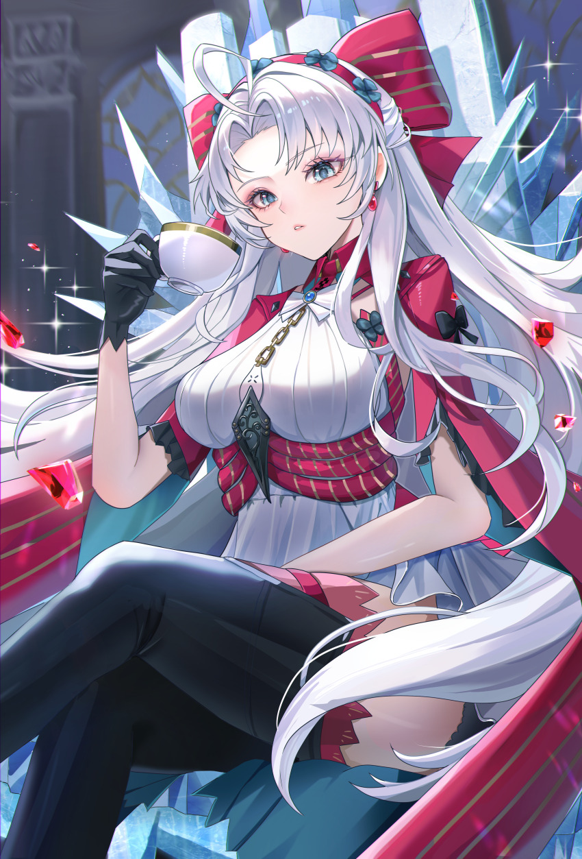 1girl, absurdres, ahoge, alternate_breast_size, black_gloves, blue_eyes, boots, bow