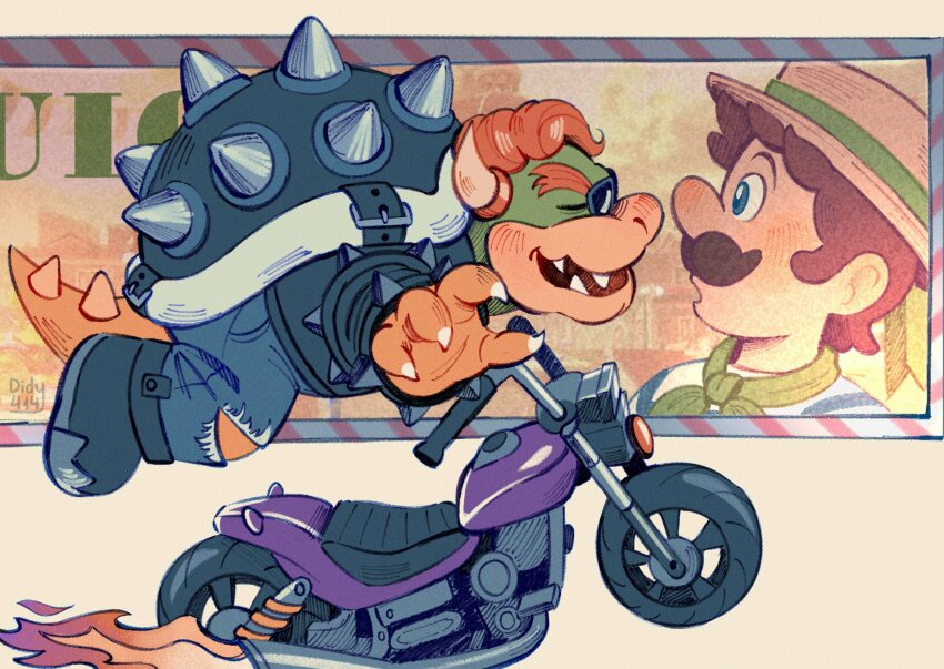 2boys, armlet, blush, bowser, bowser_(biker), bracelet, brown_hair, character_name, claws, commentary, derivative_work, didy414, english_commentary, facing_to_the_side, fangs, fire, green_neckerchief, hat, highres, horns, jewelry, looking_at_another, luigi, luigi_(gondolier), mario_(series), mario_kart, mario_kart_world, motor_vehicle, motorcycle, multiple_boys, neckerchief, nintendo, open_mouth, shirt, smile, spiked_armlet, spiked_bracelet, spiked_shell, spiked_tail, spikes, striped_clothes, striped_shirt, sunglasses, surprised, tail