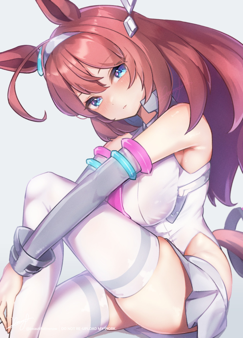 1girl, absurdres, ahoge, animal_ears, bare_shoulders, beautifulinsnow, blue_eyes, blush