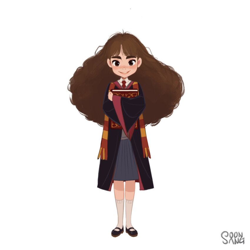 1girl, book, brown_hair, collared_shirt, commentary, full_body, grey_skirt, gryffindor