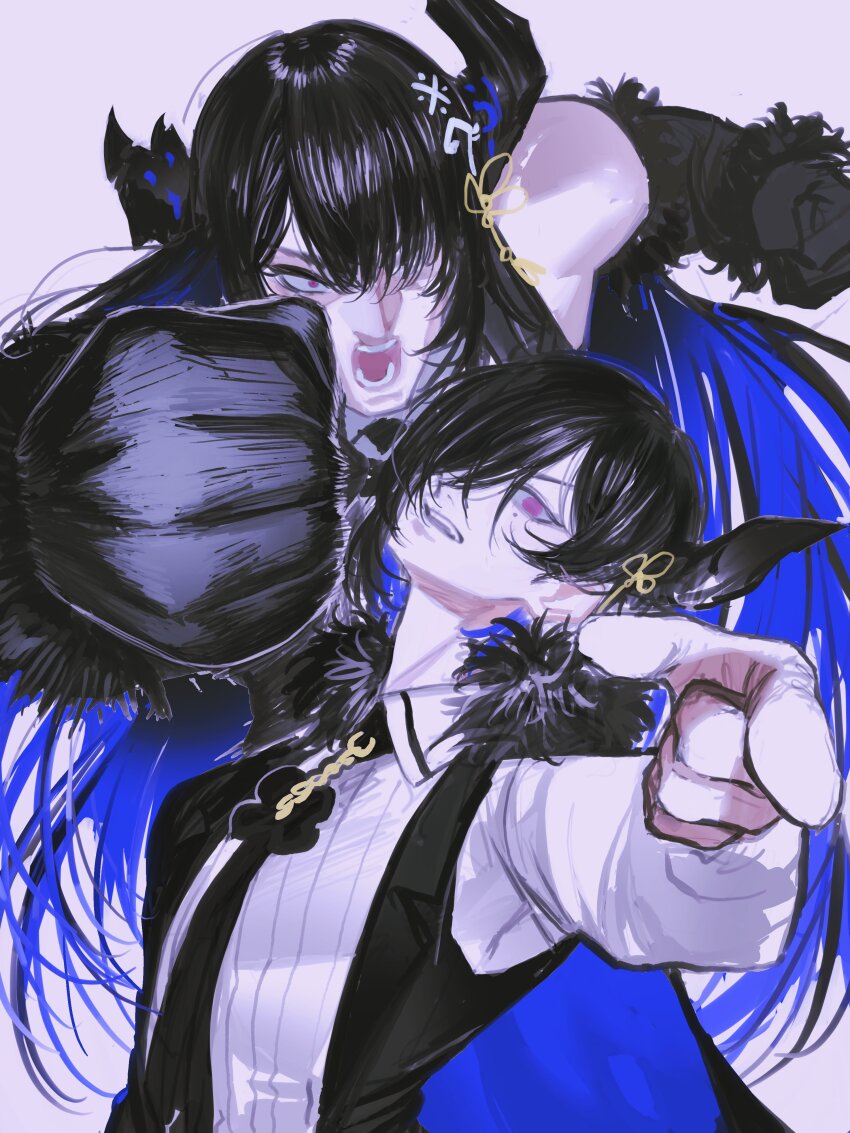 1boy, 1girl, absurdres, asymmetrical_horns, black_gloves, black_hair, black_horns, black_necktie