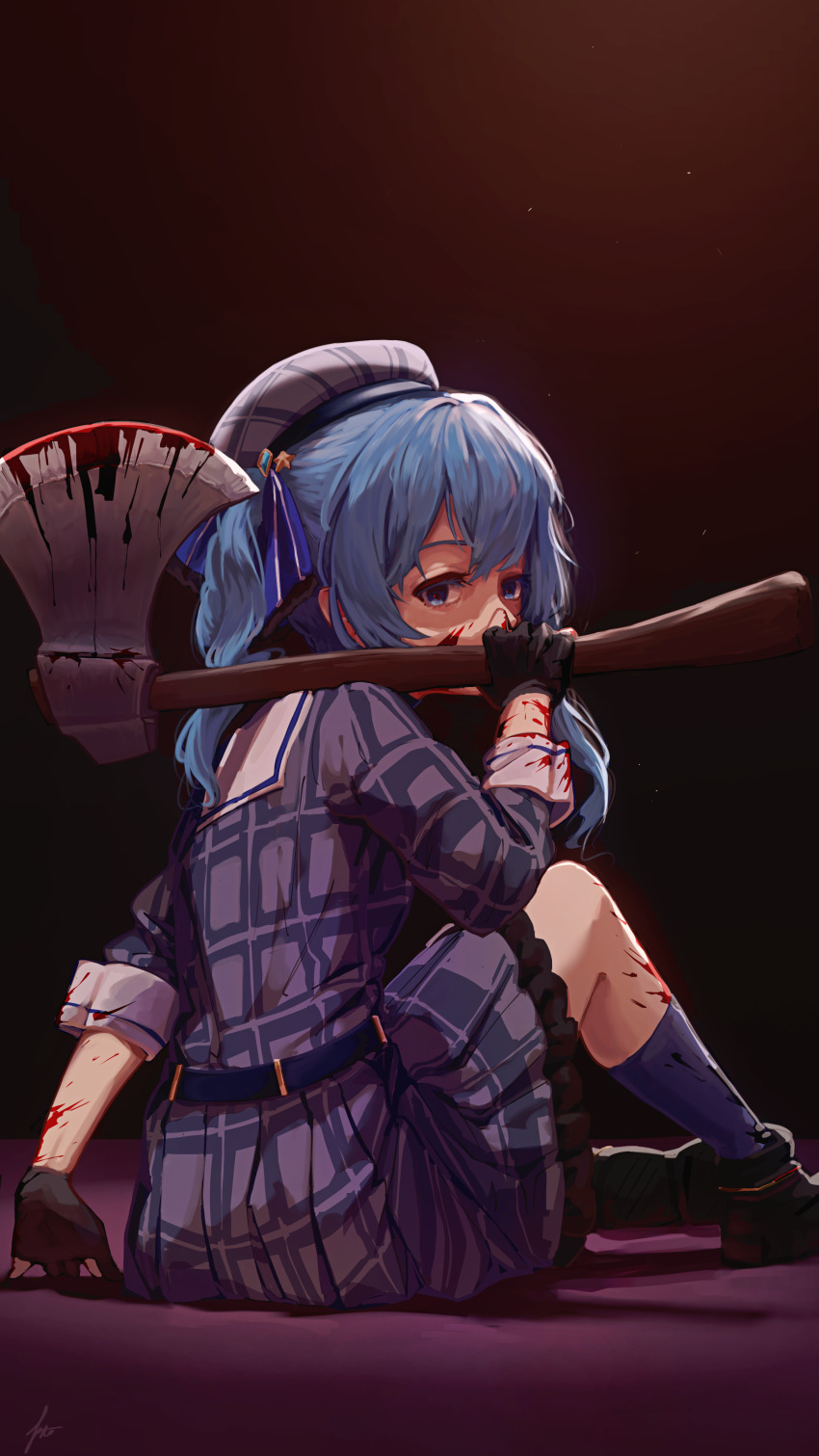 1girl, a0s0l, absurdres, axe, beret, black_gloves, black_shoes, blood