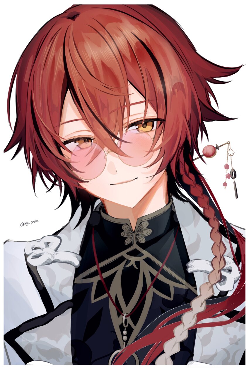 1boy, absurdres, bead_necklace, beads, bishounen, border, braid, crossed_bangs