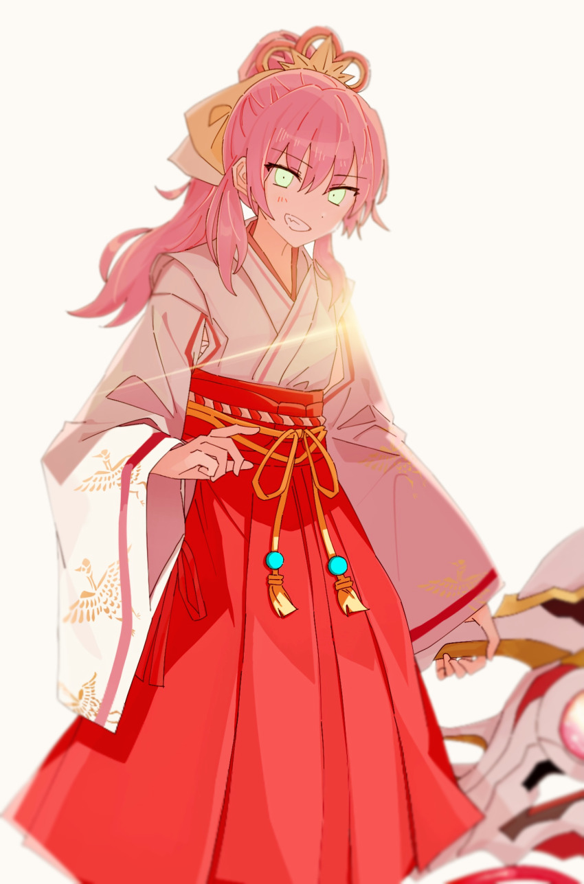 1girl, aikawa_megumi, aikawa_megumi_(heart-stirring_flame), green_eyes, grin, hakama, hakama_skirt, heaven_burns_red