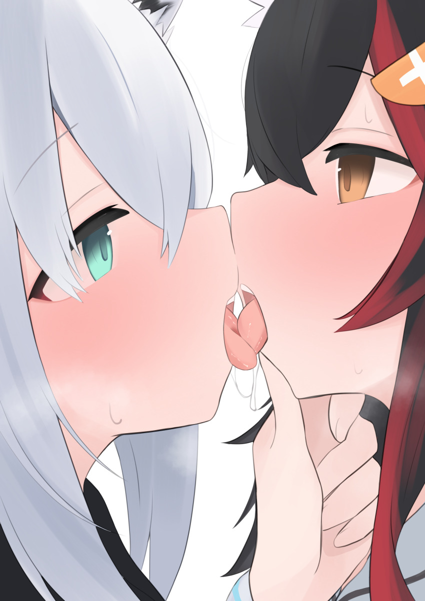 2girls, absurdres, black_hair, blue_eyes, blush, breath, brown_eyes, close-up, commentary, eye_contact, french_kiss, grey_hair, hand_on_another's_chin, highres, hololive, kiss, looking_at_another, multicolored_hair, multiple_girls, ookami_mio, oyashiro_ooo, red_hair, saliva, saliva_trail, shirakami_fubuki, simple_background, streaked_hair, sweat, tongue, tongue_out, virtual_youtuber, white_background, yuri