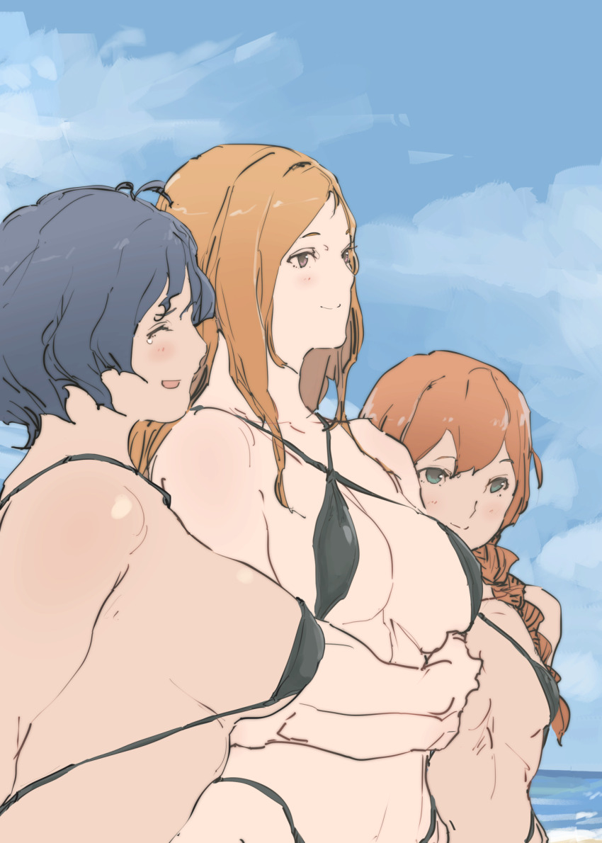 3girls, arms_under_breasts, baba_konomi, beach, bikini, black_bikini, blue_hair, blue_sky