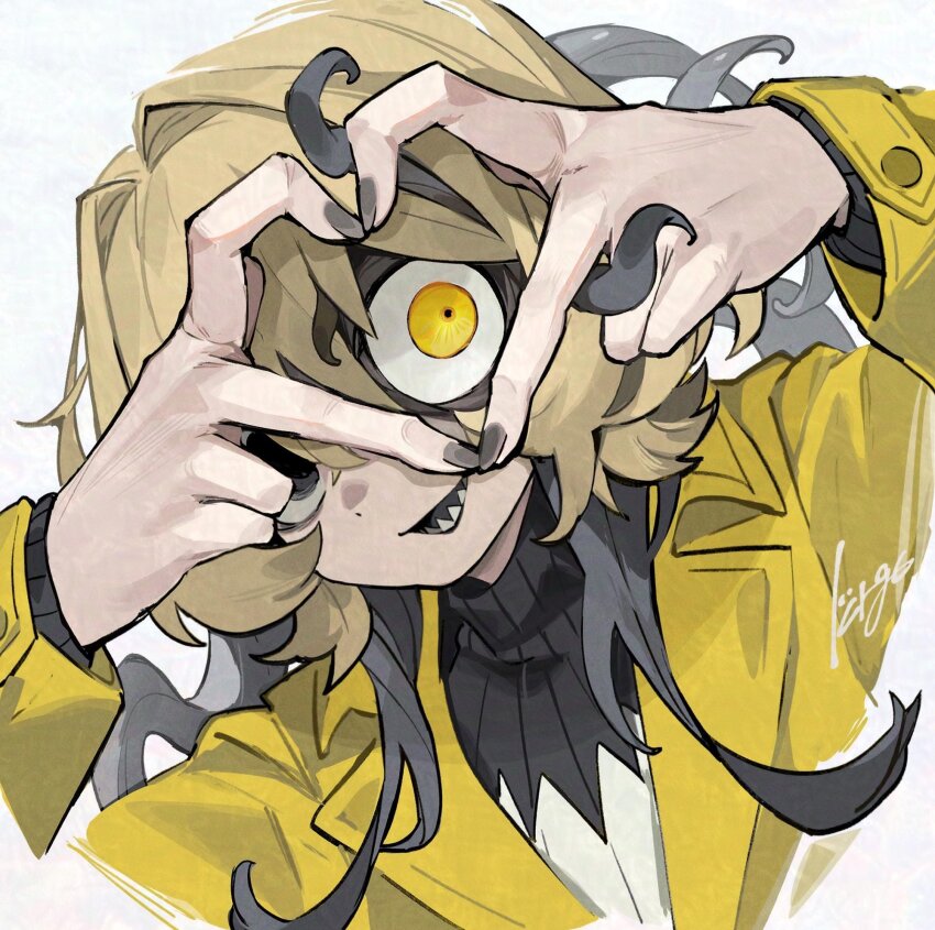 1boy, bags_under_eyes, black_eyes, black_nails, blonde_hair, constricted_pupils, cthulhu_mythos, four-finger_heart_hands