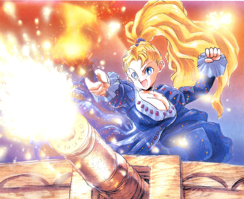 1girl, akai_takami, aqua_eyes, black_choker, black_outline, blonde_hair, blue_background, blue_sleeves