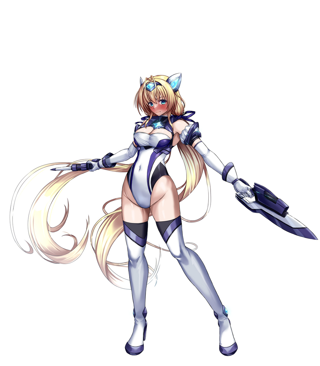 1girl, aqua_eyes, bare_shoulders, blonde_hair, blue_ribbon, blush, boots, breasts