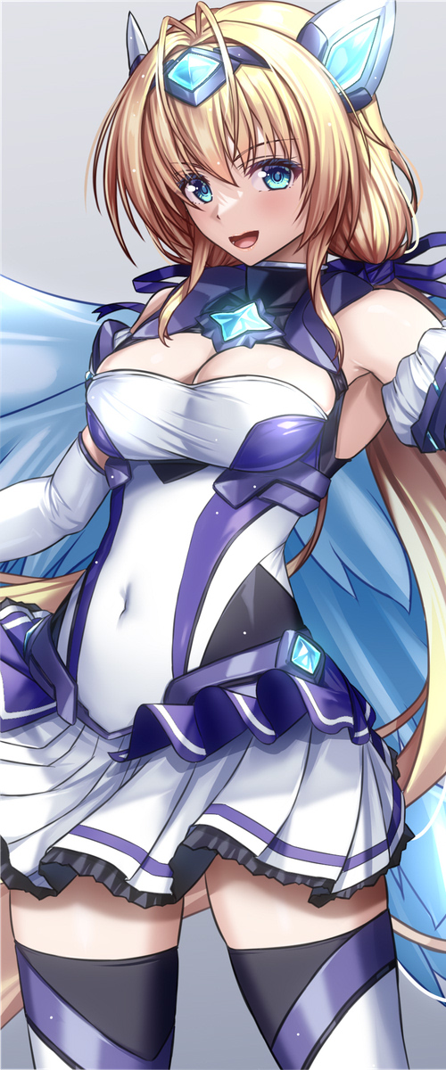 1girl, :d, aqua_eyes, blonde_hair, blue_ribbon, blue_socks, boots, breasts