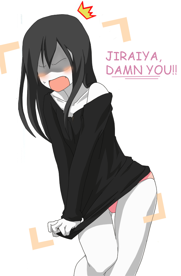 angry, artemis-girl, black_hair, black_shirt, blush, clothes_pull, colored_text, embarrassed, english_text, fang, fang_out, humiliation, long_hair, long_sleeves, male_focus, naruto_(series), no_eyes, orochimaru_(naruto), pale_skin, panties, pink_panties, shirt, simple_background, solo, sweatdrop, underwear, viewfinder, white_background