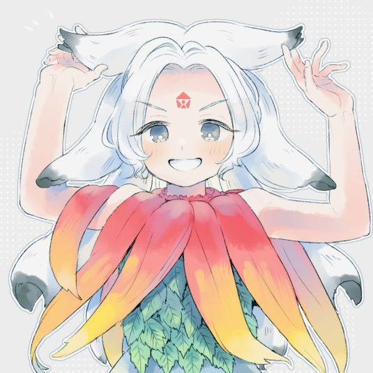 1girl, blue_dress, commentary_request, curtained_hair, dress, facial_mark, feather_necklace, forehead_mark