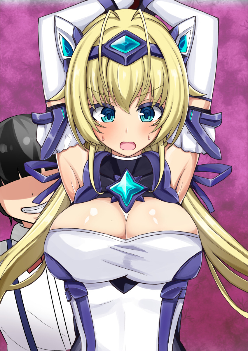 1boy, 1girl, alternate_breast_size, aqua_eyes, aqua_gem, armpits, arms_up, blonde_hair