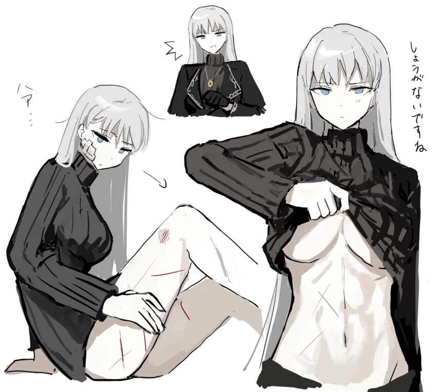 1girl, angelica_(project_moon), black_sweater, blue_eyes, gauze, grey_hair, highres, jewelry, library_of_ruina, multiple_scars, navel, necklace, project_moon, rai_(r2718281), ring, ring_necklace, scar, scar_on_leg, scar_on_stomach, solo, sweater, turtleneck, turtleneck_sweater