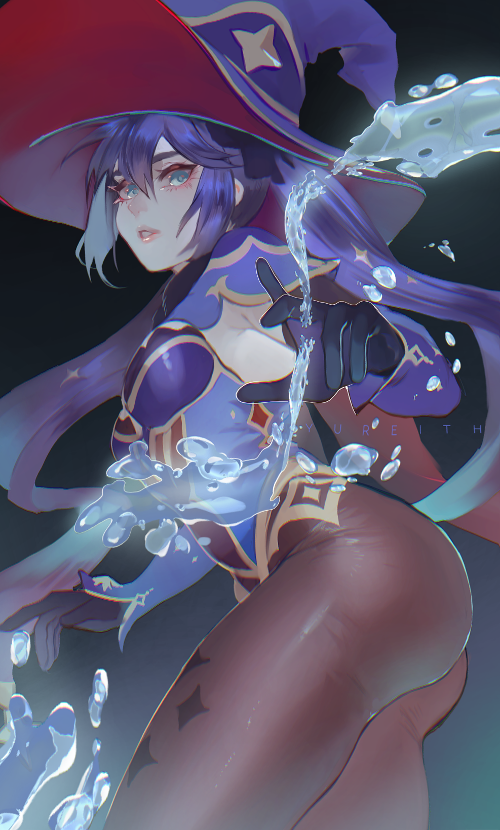 1girl, ass, black_hair, blue_eyes, blue_leotard, breasts, brown_pantyhose, commentary_request, detached_sleeves, genshin_impact, hat, highres, hydrokinesis, large_hat, leotard, lips, long_hair, looking_at_viewer, mona_(genshin_impact), pantyhose, parted_lips, pink_lips, small_breasts, solo, thighs, twintails, very_long_hair, water, witch_hat, yureith