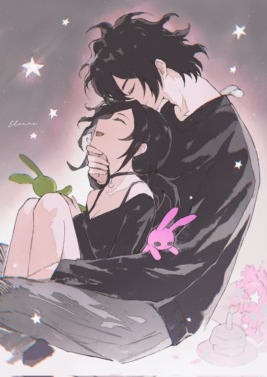 1boy, 1girl, :d, ^_^, adam's_apple, andrew_graves, artist_name, ashley_graves, bare_shoulders, black_choker, black_hair, black_shirt, black_sweater, bouquet, bra_strap, breasts, brother_and_sister, cake, candle, choker, chromatic_aberration, cleavage, closed_eyes, closed_mouth, corrupted_twitter_file, elaine-didaea, feet_out_of_frame, film_grain, flower, food, from_side, grey_background, grey_pants, hand_on_another's_chin, hashtag-only_commentary, highres, holding, holding_stuffed_toy, knees_up, low_ponytail, medium_hair, open_mouth, pants, pink_flower, plate, ponytail, profile, shirt, short_hair, siblings, sideways_mouth, simple_background, sitting, sitting_on_lap, sitting_on_person, small_breasts, smile, star_(symbol), stuffed_animal, stuffed_toy, sweater, tag, teeth, the_coffin_of_andy_and_leyley, u_u, upper_teeth_only