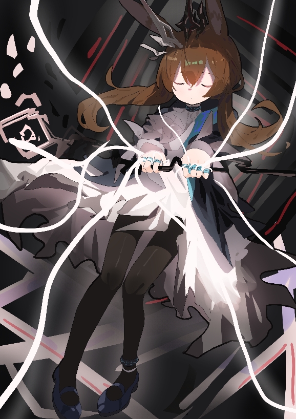 1girl, amiya_(arknights), animal_ears, arknights, black_pantyhose, brown_hair, closed_eyes, commentary