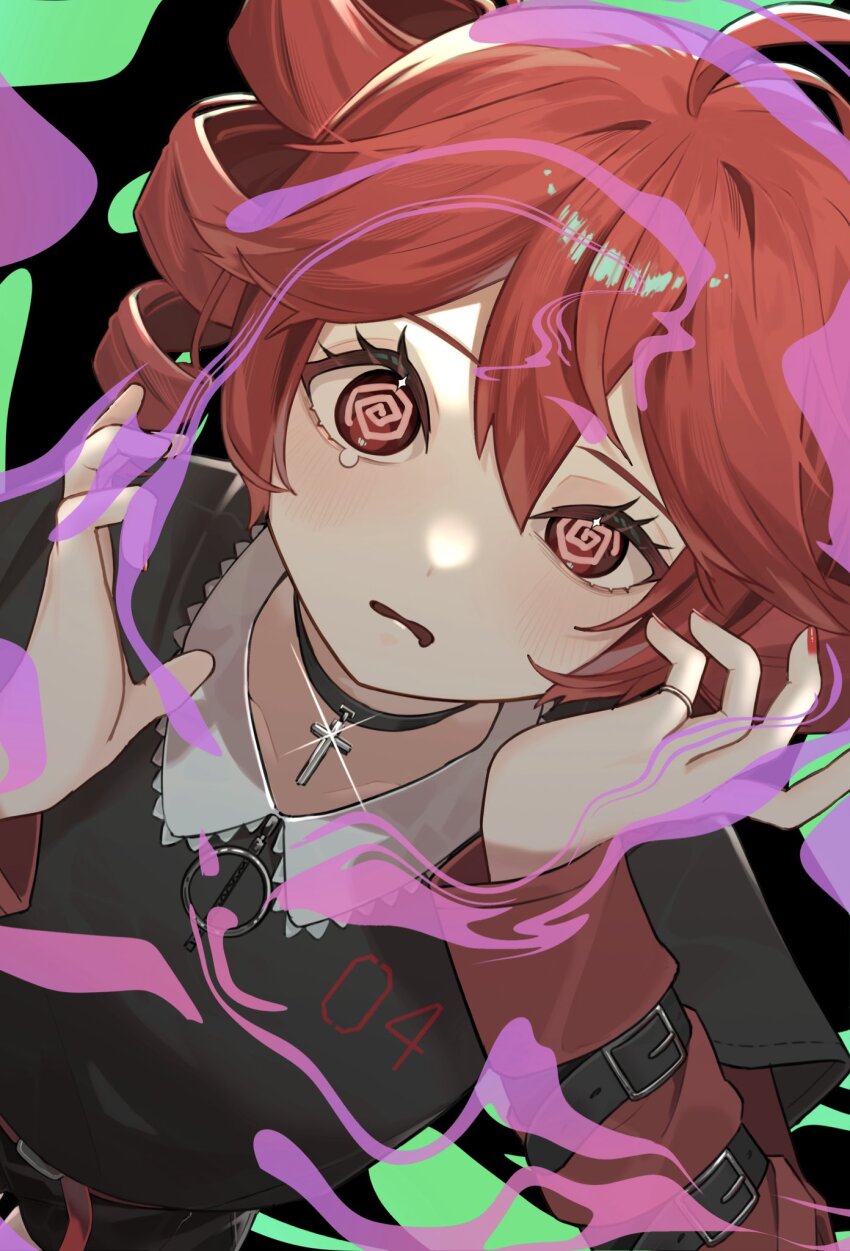 1girl, ahoge, alternate_costume, arm_belt, belt, black_background, black_belt, black_collar