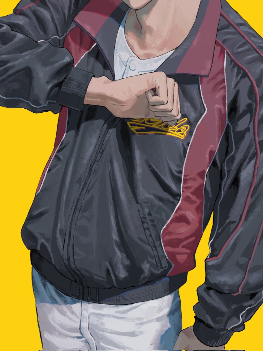 1boy, ace_of_diamond, clenched_hand, hand_on_own_chest, head_out_of_frame, highres, jacket, long_sleeves