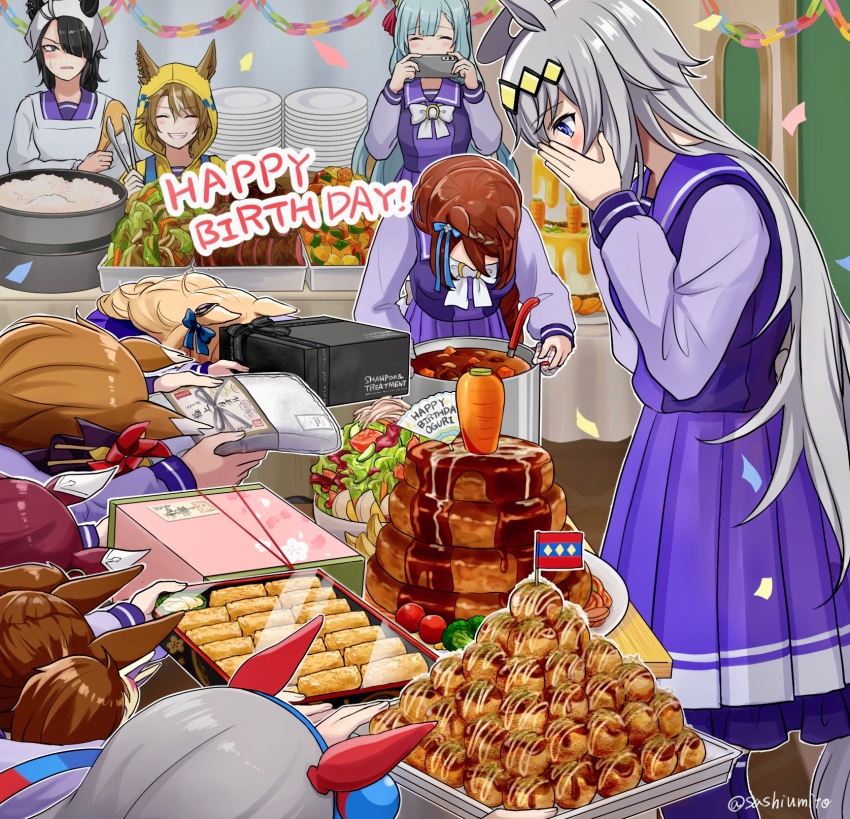6+girls, ahoge, animal_ears, apron, aqua_hair, bandana, birthday, black_hair, blacky_ale_(umamusume), blonde_hair, blue_eyes, blue_hairband, blush, bow, bowing, bowtie, braid, brown_hair, buffet, carrot, cellphone, character_doll, closed_eyes, closed_mouth, commentary, confetti, cooking_pot, covering_own_mouth, crossed_arms, danshi_koukou_valentine_(meme), doll, ear_bow, ear_covers, english_text, food, frilled_skirt, frills, frown, fujimasa_march_(umamusume), gift, giving, gold_city_(umamusume), grey_hair, grin, hair_ornament, hair_over_one_eye, hairband, happy_birthday, highres, holding, holding_gift, holding_phone, holding_spatula, holding_tongs, holding_tray, horse_ears, horse_girl, horse_tail, horseshoe_ornament, ikuno_dictus_(umamusume), inari_one_(umamusume), indoors, kappougi, long_hair, long_sleeves, medium_hair, medium_skirt, mejiro_ardan_(umamusume), meme, miniskirt, multiple_girls, oguri_cap_(umamusume), paper_chain, phone, plate, pleated_skirt, purple_sailor_collar, purple_shirt, purple_skirt, purple_thighhighs, sailor_collar, sakura_chiyono_o_(umamusume), salad, sashiumito, school_uniform, shirt, short_hair, skirt, smartphone, smile, spatula, stew, super_creek_(umamusume), sweatdrop, table, tail, taking_picture, takoyaki, thighhighs, tongs, tracen_school_uniform, tray, twintails, twitter_username, umamusume, umamusume:_cinderella_gray, white_bandana, white_bow, white_bowtie, yaeno_muteki_(umamusume)