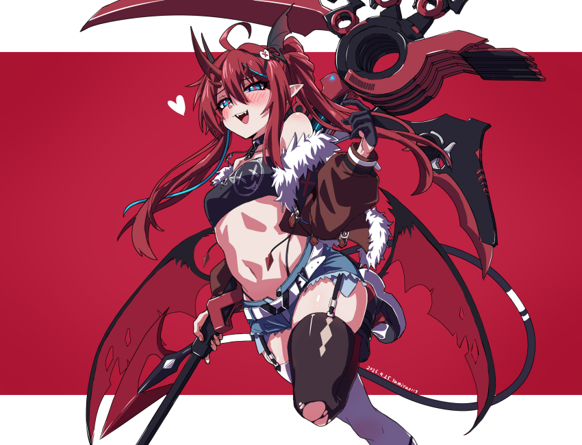 1girl, absurdres, ahoge, black_panties, black_thighhighs, black_tube_top, blue_eyes, blush