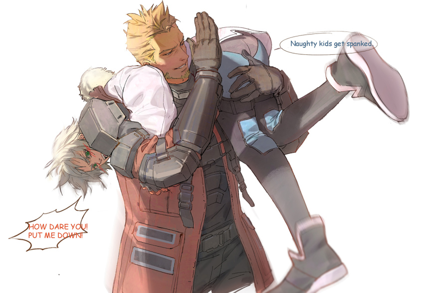 2boys, armor, beard, black_gloves, black_pantyhose, black_wetsuit, blonde_hair, coat, english_text, facial_hair, final_fantasy, final_fantasy_vii, final_fantasy_vii:_ever_crisis, furrowed_brow, glenn_lodbrok, gloves, grey_hair, luluzhang998873, male_focus, multiple_boys, open_mouth, pantyhose, parted_lips, red_coat, sephiroth, sephiroth_(ever_crisis), sephiroth_(natant_jacket), short_hair, shoulder_armor, smile, spanking, white_background, white_coat, yaoi