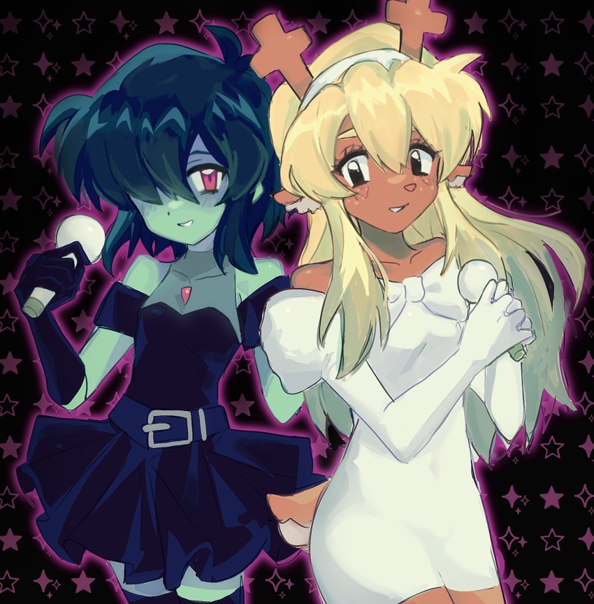 1girl, 1other, alien_stage, black_background, black_dress, black_eyes, black_thighhighs, blonde_hair