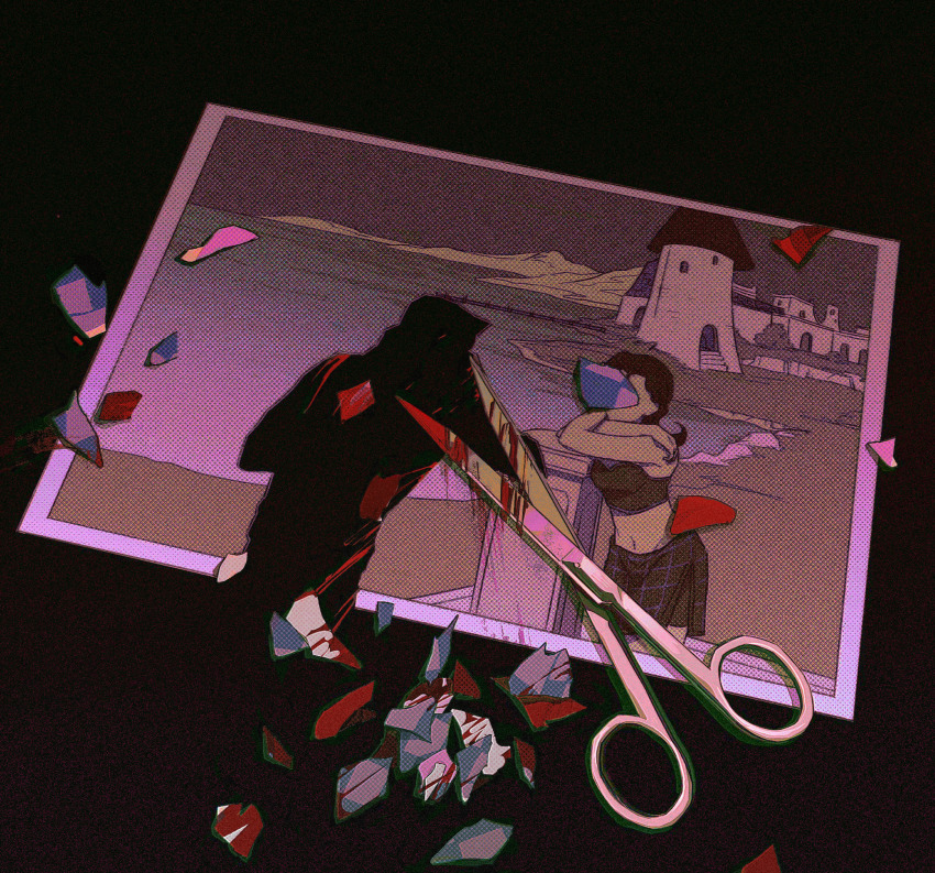 1boy, 1girl, beach, blood_on_photo, blood_on_scissors, commentary, covered_face, diavolo