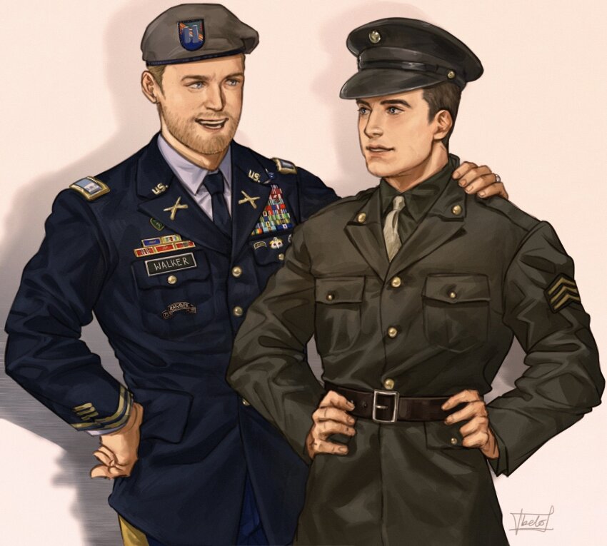2boys, beard, belobutcooler, belt, beret, black_hat, black_jacket, black_necktie, blonde_hair, blue_eyes, blue_pants, breast_pocket, brown_belt, brown_hair, bucky_barnes, buttons, captain_america:_the_first_avenger, captain_america_(series), collared_shirt, cowboy_shot, facial_hair, fingernails, green_jacket, green_shirt, grey_hat, hand_on_own_hip, hands_on_own_hips, hat, highres, jacket, john_walker_(marvel), lapels, lips, long_sleeves, looking_at_another, male_focus, marvel, medal, military_hat, military_jacket, military_uniform, multiple_boys, necktie, open_mouth, pants, pocket, shadow, shirt, short_hair, signature, simple_background, smile, standing, teeth, the_falcon_and_the_winter_soldier, white_background, white_shirt, yellow_necktie
