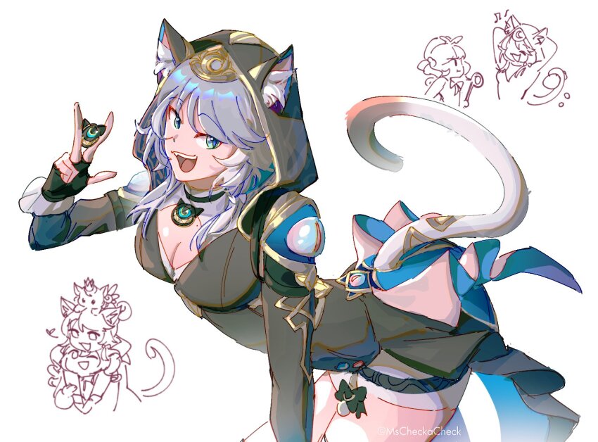 2girls, animal_ear_fluff, animal_ears, animal_hood, black_gloves, black_leotard, blue_eyes, breasts