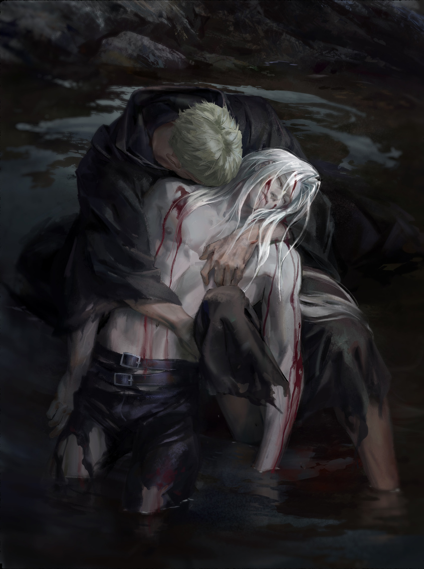 2boys, absurdres, arm_around_another's_waist, arm_around_shoulder, belt, black_pants, black_robe, blood