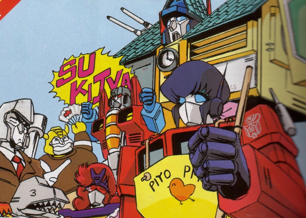 1980s_(style), 3_3, apron, autobot, black_hair, blue_eyes, bottle, bumblebee_(transformers), clenched_hand, clenched_hands, clock, crossover, decepticon, dinobots_(g1), dog, gender_request, genderswap, godai_yuusaku, grimlock, hand_fan, ichinose_hanae, insignia, maison_ikkoku, mecha, megatron, metroplex, necktie, no_humans, non-web_source, oldschool, open_mouth, optimus_prime, otonashi_kyouko, outdoors, paper_fan, parody, red_eyes, red_hair, red_necktie, retro_artstyle, robot, roppongi_akemi, scan, sharp_teeth, smile, smokestack, souichirou_(dog), soundwave_(transformers), starscream, style_parody, takahashi_rumiko, teeth, transformers, transformers:_generation_1, what, yotsuya