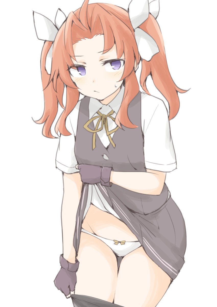 1girl, akara_kai, blush, brown_hair, clothes_pull, cowboy_shot, embarrassed, fingerless_gloves