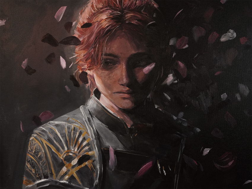 1girl, black_coat, body_freckles, clair_obscur:_expedition_33, coat, floral_dissolve, freckles, highres