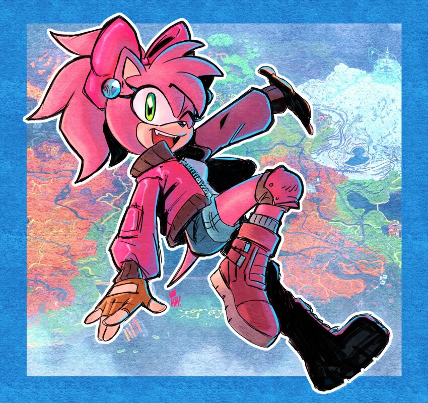 1girl, amy_rose, blue_border, boots, border, cosplay, denim, denim_shorts, fingerless_gloves, full_body, gloves, green_eyes, highres, knee_pads, kryptiq_kreachur, map, map_background, mario_(series), mario_kart, mario_kart_world, nintendo, one_eye_closed, outline, outside_border, princess_peach, princess_peach_(cosplay), shorts, sonic_(series), white_outline