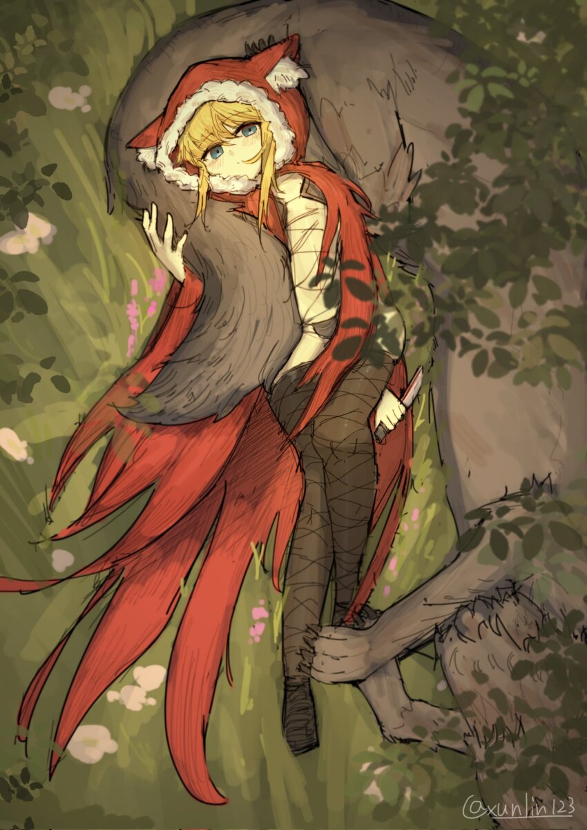 1girl, animal_hood, black_bra, black_panties, black_souls, black_thighhighs, blonde_hair, blue_eyes