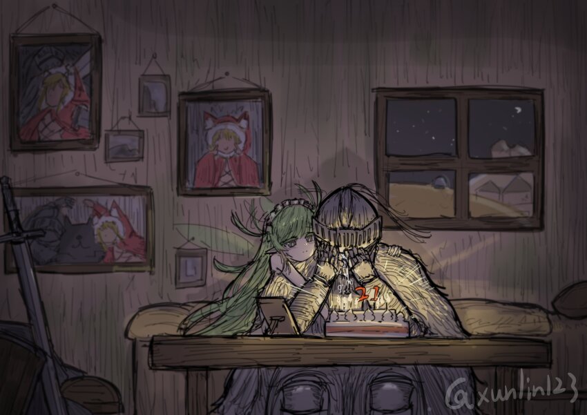 1boy, 1girl, absurdres, armor, bed, birthday, birthday_cake, black_souls, bright_pupils, cake, closed_mouth, commentary_request, crying, fairy, fairy_wings, food, full_armor, green_hair, grey_helmet, grimm_(black_souls), hands_on_own_face, helmet, highres, hug, hug_from_behind, indoors, knight, leaf_(black_souls), light_smile, long_hair, maid_headdress, painting_(object), picture_frame, pointy_ears, poro_(black_souls), portrait_(object), red_hood_(black_souls), shield, sitting, sword, table, twitter_username, very_long_hair, weapon, white_pupils, window, wings, wooden_table, xun_lin_(pixiv_93392103)
