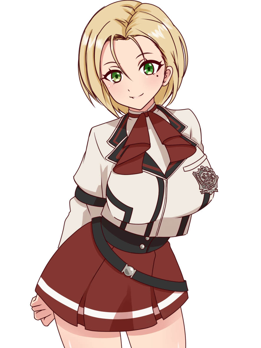 1girl, arms_behind_back, black_corset, blonde_hair, breasts, closed_mouth, commentary_request, corset, cowboy_shot, genderswap, genderswap_(mtf), green_eyes, hair_between_eyes, jacket, large_breasts, leaning_forward, long_sleeves, looking_at_viewer, memejiban, mole, mole_under_eye, mushoku_tensei, ranoa_magic_academy_school_uniform, red_skirt, rudeus_greyrat, school_uniform, short_hair, simple_background, skirt, smile, solo, white_background, white_jacket