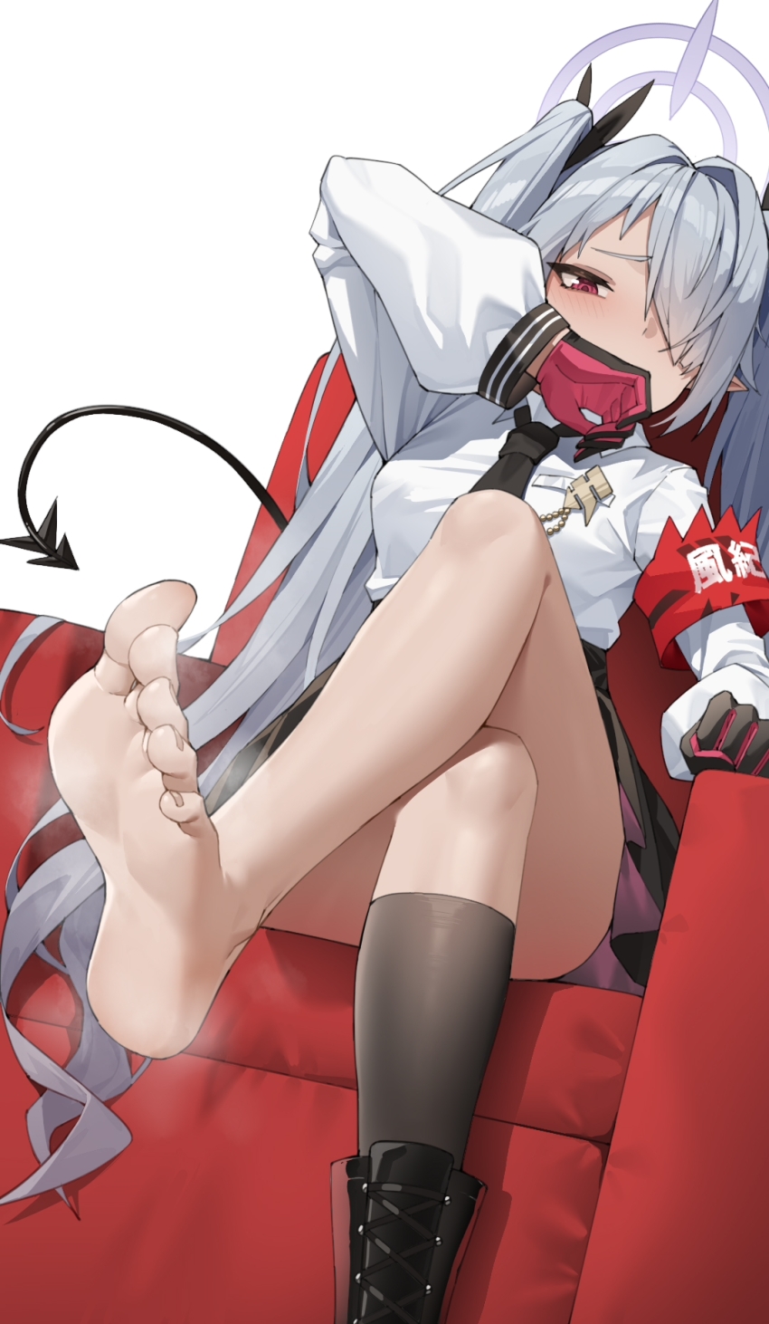 1girl, armband, black_boots, black_necktie, black_socks, blue_archive, boots, colored_skin, couch, covering_own_mouth, demon_tail, dutch_angle, feet, foot_focus, gloves, hair_over_one_eye, halo, highres, iori_(blue_archive), kneehighs, long_hair, long_sleeves, looking_at_viewer, necktie, on_couch, pointy_ears, red_armband, red_eyes, red_gloves, shi_ling_fangcheng, shirt, single_sock, sitting, smell, socks, soles, solo, steam, tail, thighs, toes, twintails, white_background, white_hair, white_shirt