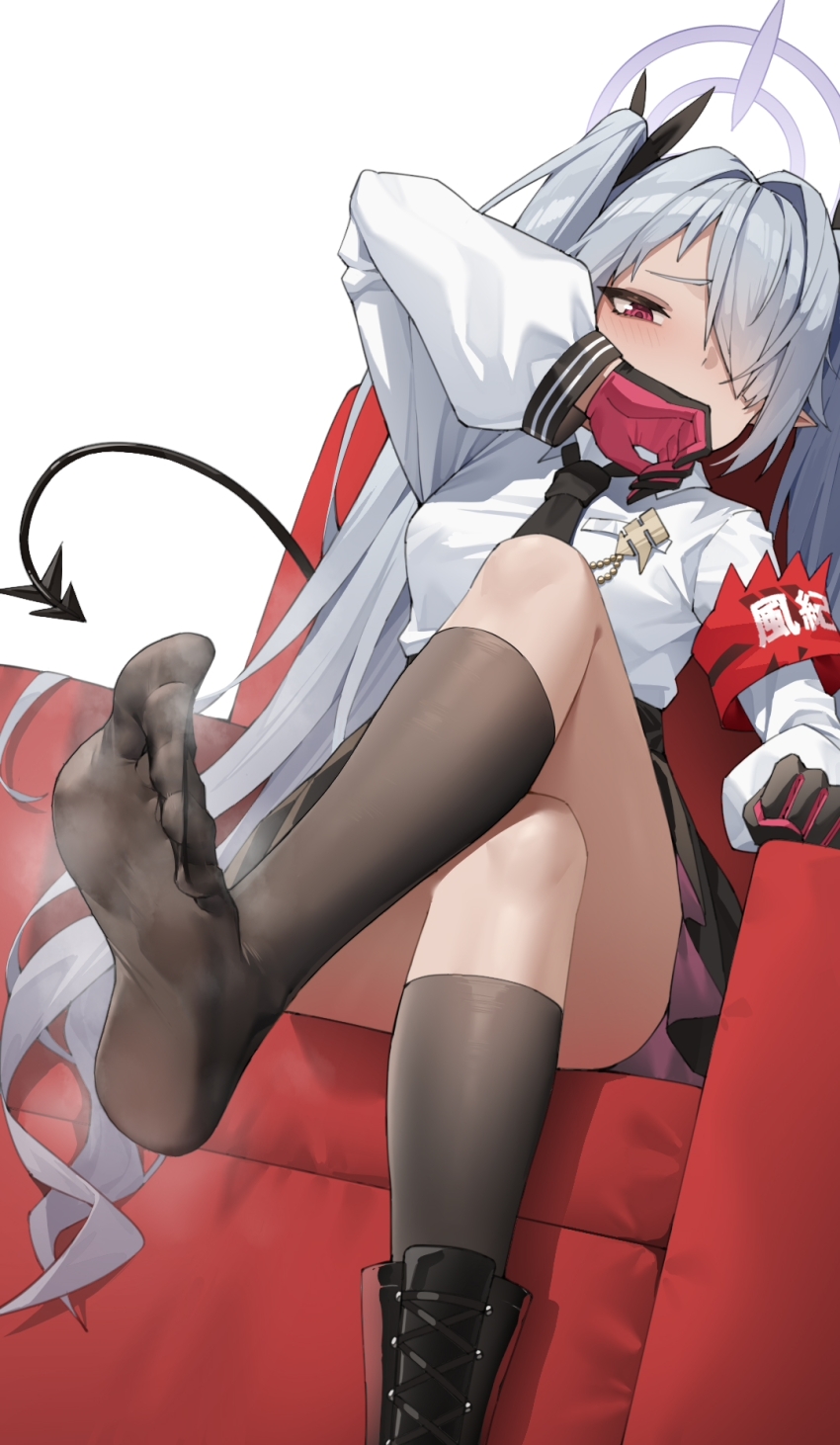 1girl, armband, black_boots, black_necktie, black_skin, black_socks, blue_archive, boots, colored_skin, couch, covering_own_mouth, demon_tail, dutch_angle, feet, foot_focus, gloves, hair_over_one_eye, halo, highres, iori_(blue_archive), kneehighs, long_hair, long_sleeves, looking_at_viewer, necktie, on_couch, pointy_ears, red_armband, red_eyes, red_gloves, shi_ling_fangcheng, shirt, sitting, smell, socks, solo, steam, tail, thighs, twintails, white_background, white_hair, white_shirt